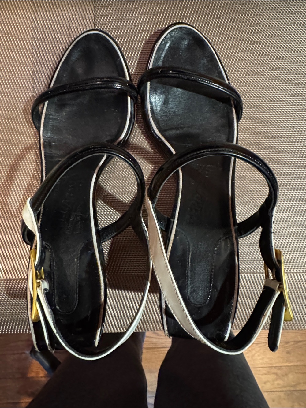 Salvatore Ferragamo Black and White Slingback Heels with Gold Buckle